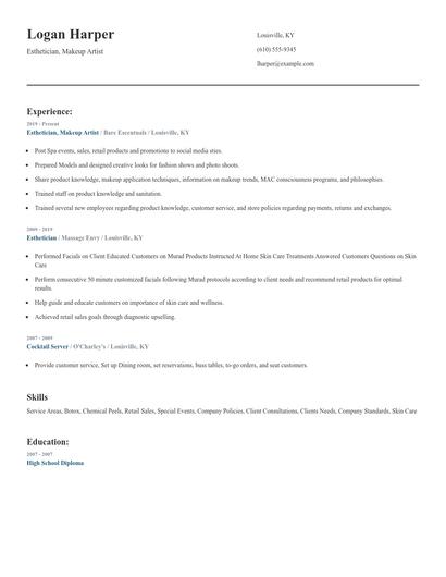 Esthetician, Makeup Artist Resume