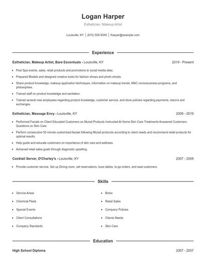 Esthetician, Makeup Artist Resume