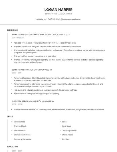Esthetician, Makeup Artist Resume