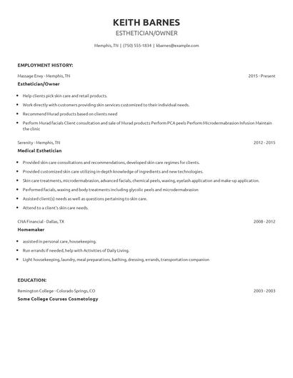 Esthetician/Owner Resume