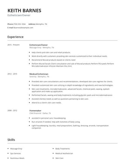 Esthetician/Owner Resume