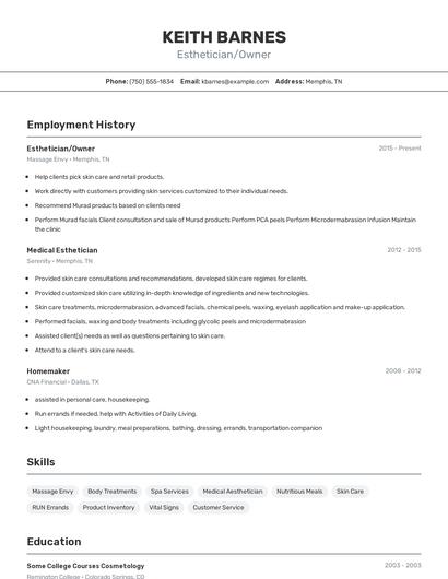 Esthetician/Owner Resume