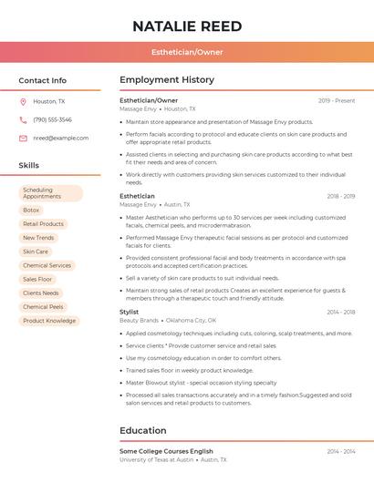 Esthetician/Owner Resume