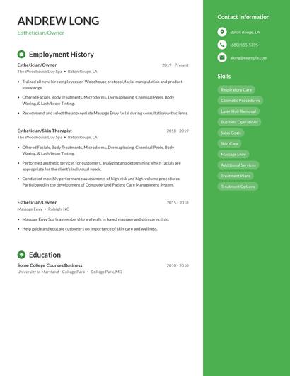 Esthetician/Owner Resume