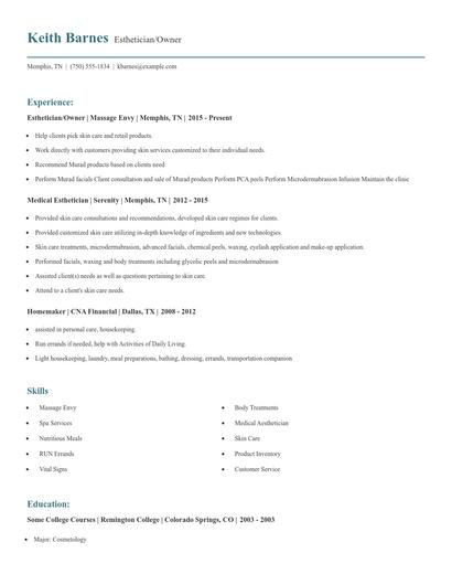 Esthetician/Owner Resume