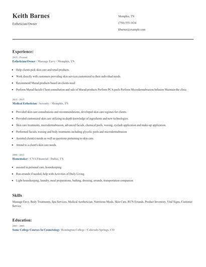 Esthetician/Owner Resume