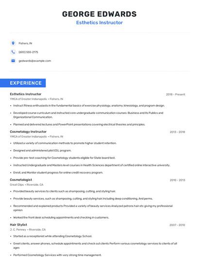 Esthetics Instructor Resume