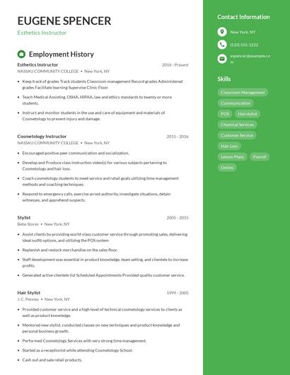 Esthetics Instructor Resume