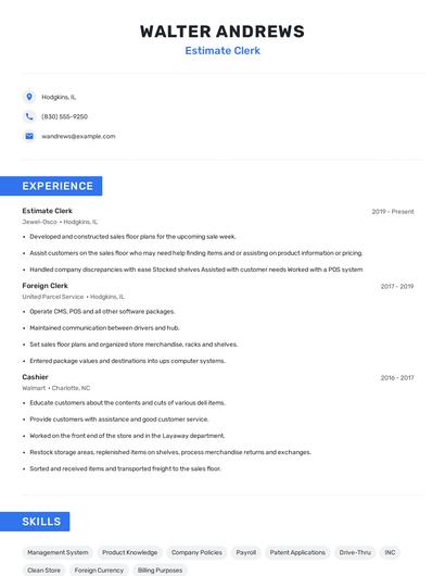 Estimate Clerk Resume