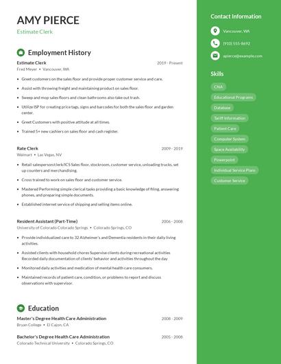 Estimate Clerk Resume
