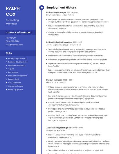 Estimating Manager Resume