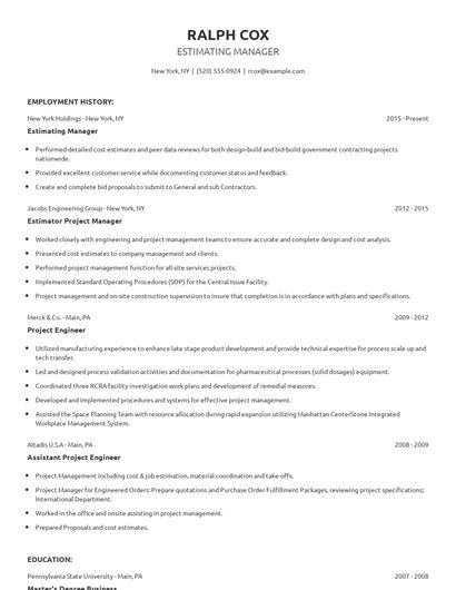 Estimating Manager Resume