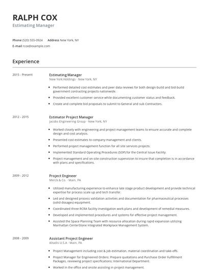 Estimating Manager Resume