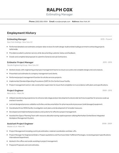 Estimating Manager Resume