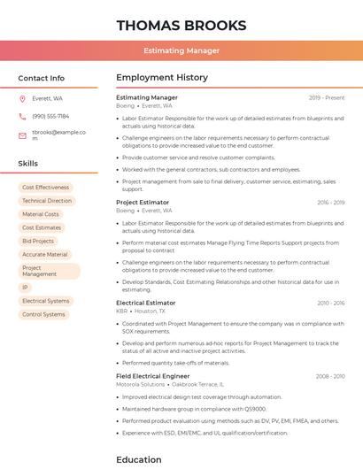 Estimating Manager Resume