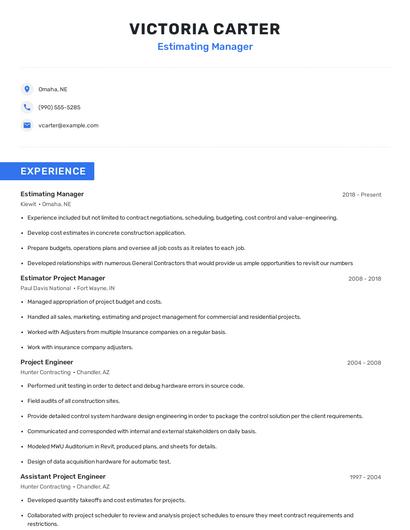 Estimating Manager Resume