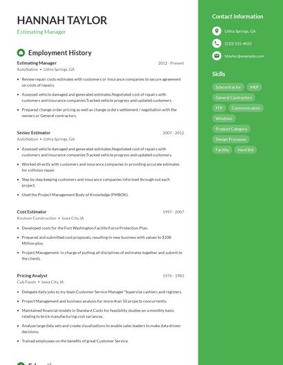 Estimating Manager Resume