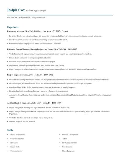 Estimating Manager Resume
