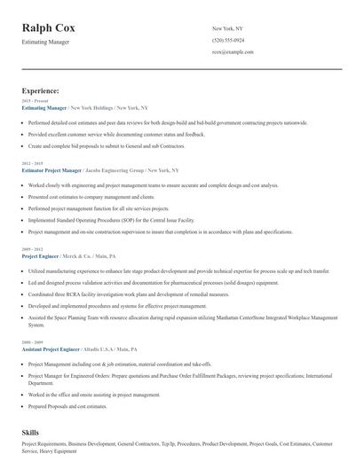 Estimating Manager Resume