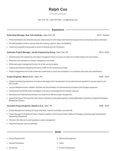 Estimating Manager Resume