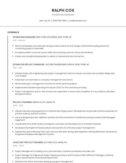 Estimating Manager Resume