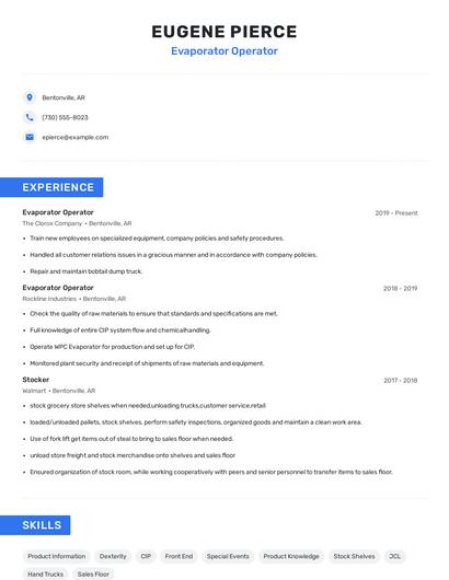 Evaporator Operator Resume