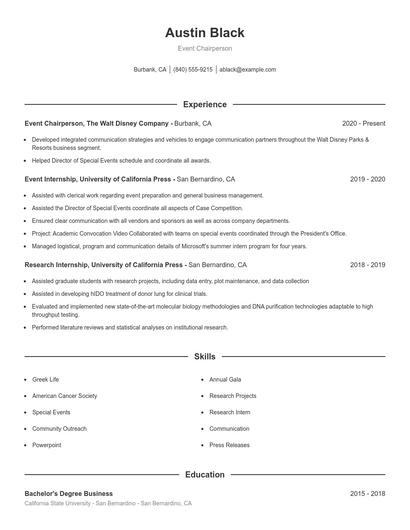 Event Chairperson Resume