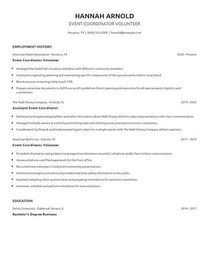 Event Coordinator Volunteer Resume