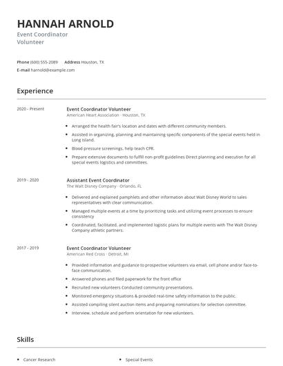 Event Coordinator Volunteer Resume
