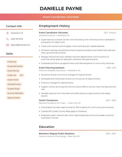 Event Coordinator Volunteer Resume
