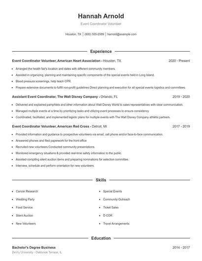 Event Coordinator Volunteer Resume