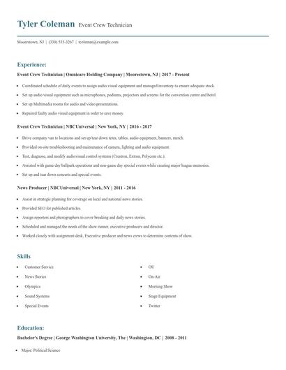 Event Crew Technician Resume