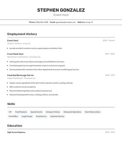 Event Host Resume