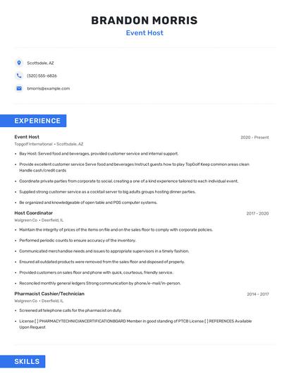 Event Host Resume