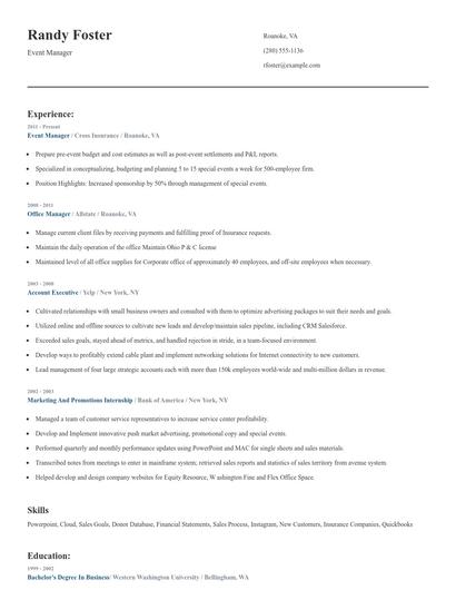 Event Manager Resume