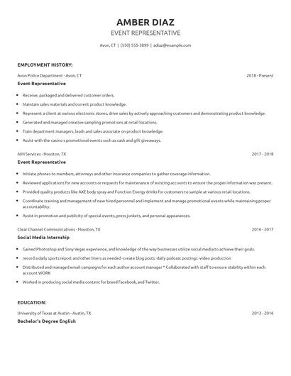 Event Representative Resume
