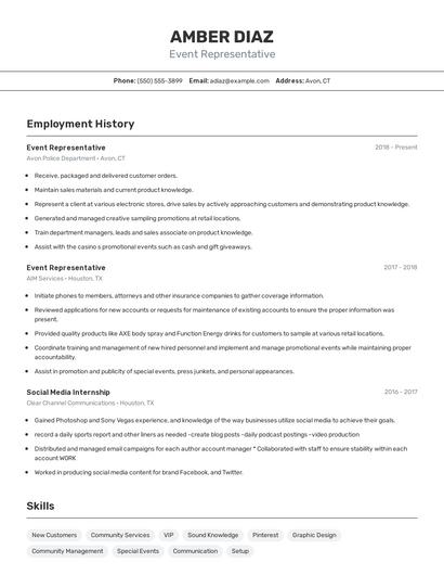 Event Representative Resume