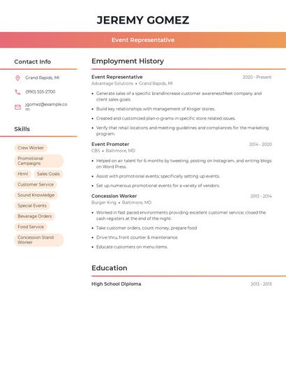 Event Representative Resume