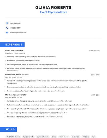 Event Representative Resume