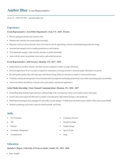 Event Representative Resume