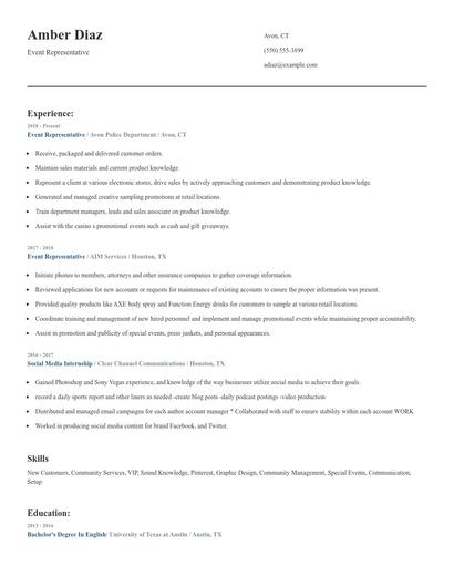 Event Representative Resume