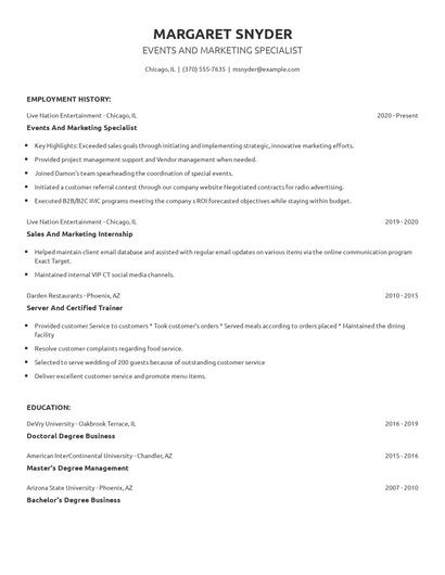 Events And Marketing Specialist Resume