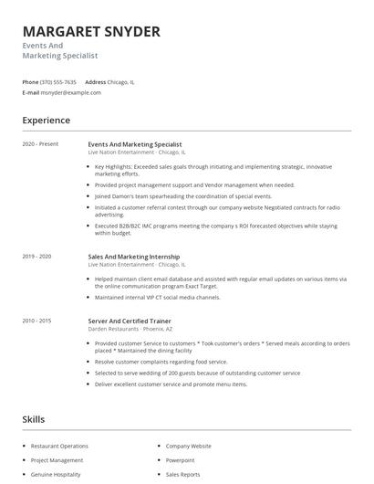 Events And Marketing Specialist Resume