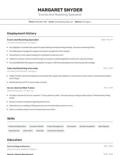 Events And Marketing Specialist Resume