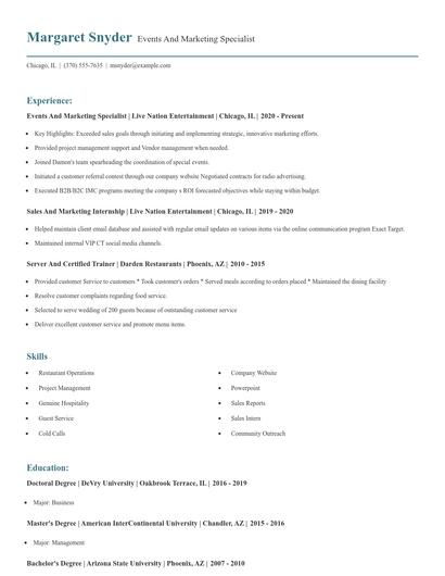 Events And Marketing Specialist Resume
