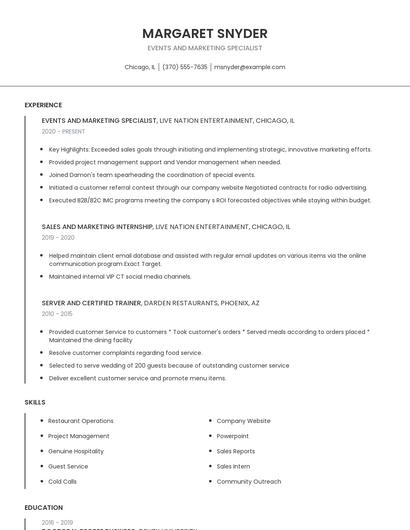 Events And Marketing Specialist Resume