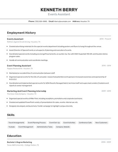 Events Assistant Resume