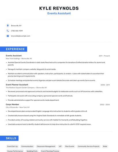 Events Assistant Resume