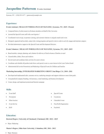 Events Assistant Resume