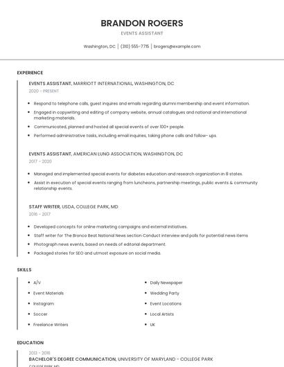 Events Assistant Resume